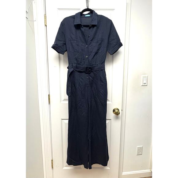 J. Mc Laughlin Jumpsuit Navy Blue Linen Belted Collar Short Sleeve Women's 8 - Picture 1 of 7